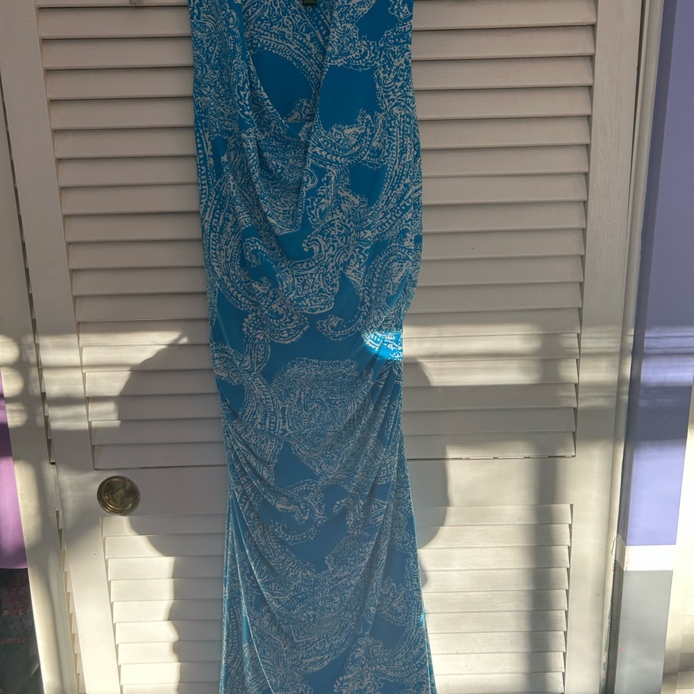 Ralph Lauren Blue Sequin Halter Maxi Gown